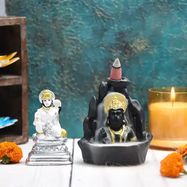 Lord Hanuman Fountain Diffuser with Lord Hanuman Idol, Multicolor, 4 inches, Set of 2