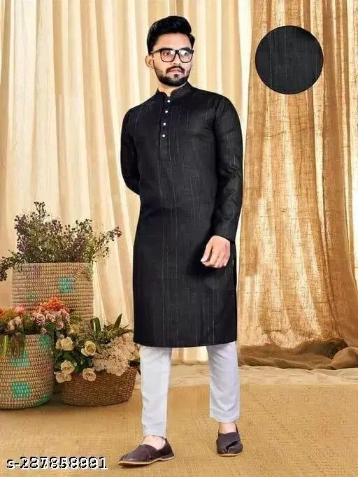 Solid Mandarin Neck Kurta for Men (Black, S)