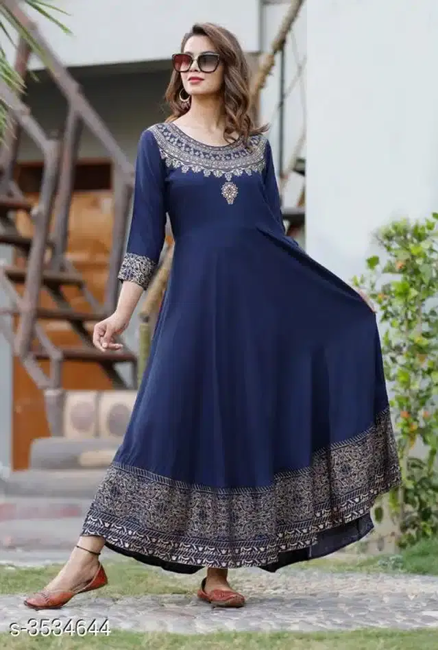 Rayon Printed Kurti for Women (Navy Blue, M)