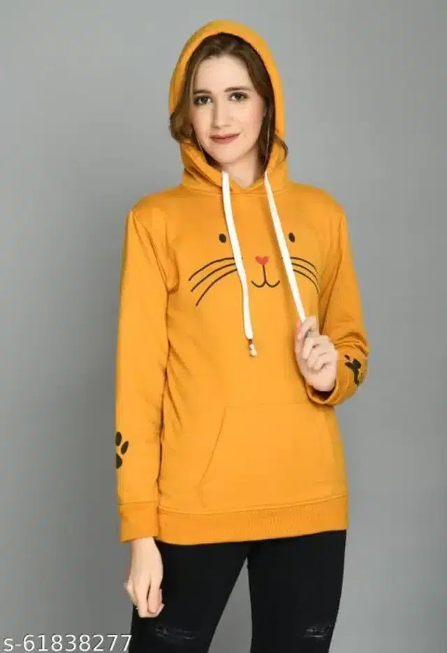 Fleece Printed Full Sleeves Hooded Sweatshirt for Women (Mustard, M)