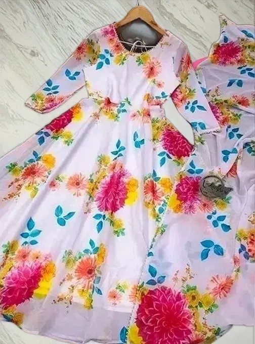 Georgette Printed Gown with Dupatta for Girls (Multicolor, XS)