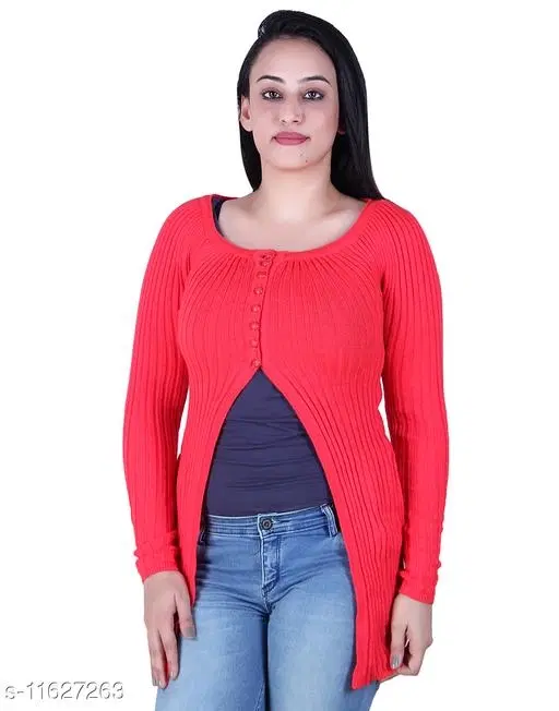 Acrylic Solid Sweater for Women (Red, L)