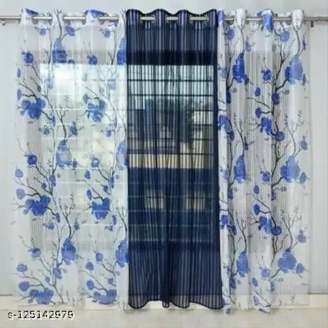 Curtains for Door And Window, White & Blue, 5x4 feet, Pack of 3