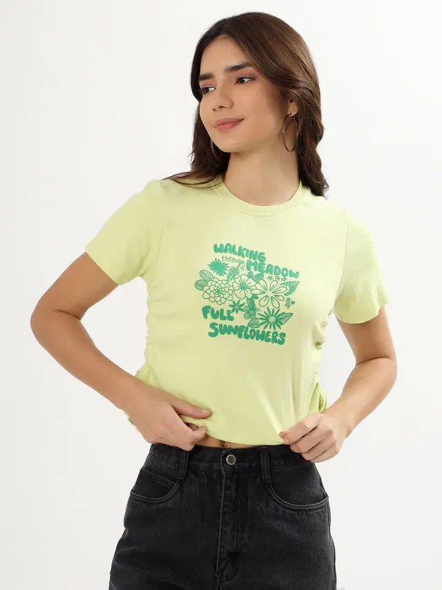 Round Neck Printed T-Shirt for Women, Yellow (M)