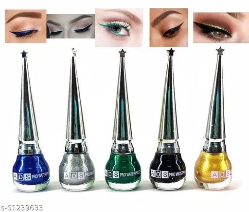 Ads Waterproof Liquid Glitter Eyeliner Blue, Silver, Green, Golden And Black 6 ml Each