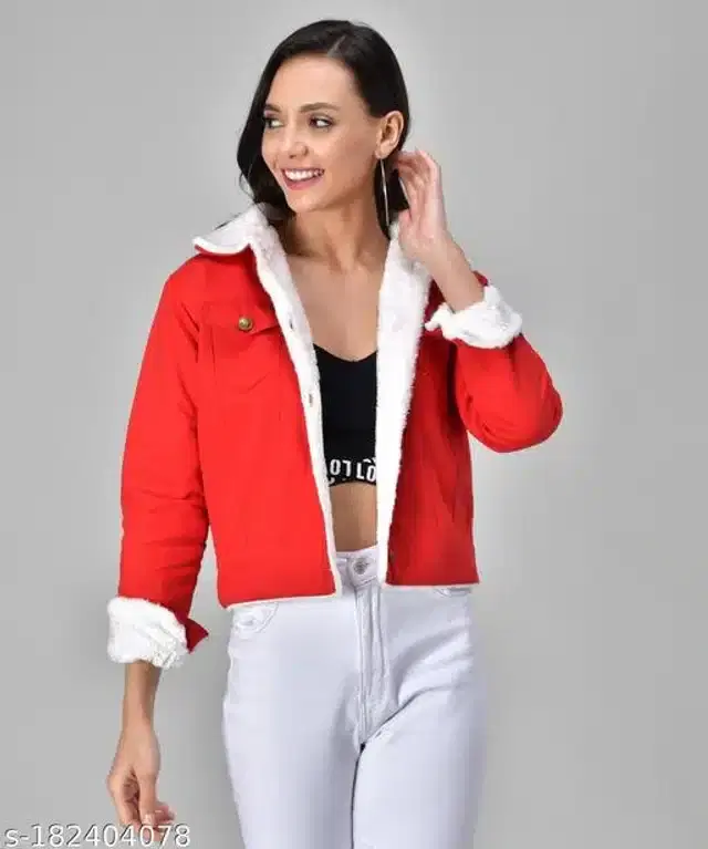 Denim Solid Full Sleeves Jacket for Girls (Red, 11-12 Years)