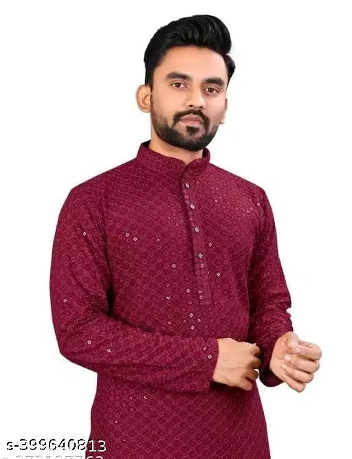Embellished Mandarin Neck Kurta for Men (Maroon, XXS)