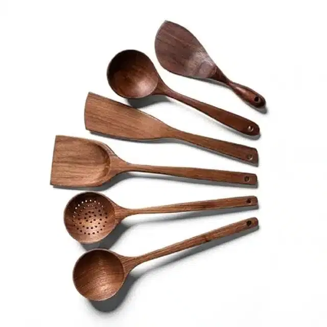 Wooden Cooking & Serving Spoons, Brown, Set of 6
