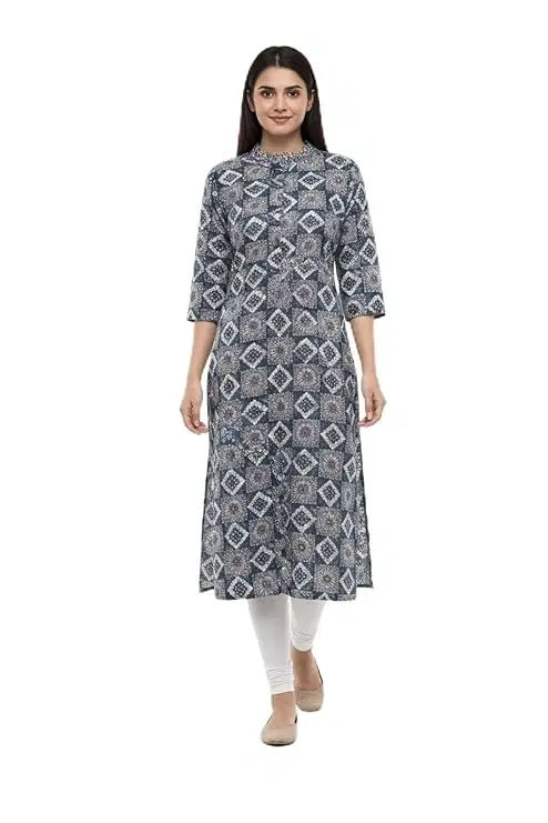 Rayon Slub Abstract Kurti & Payjama Set for Women, Navy Blue (M)