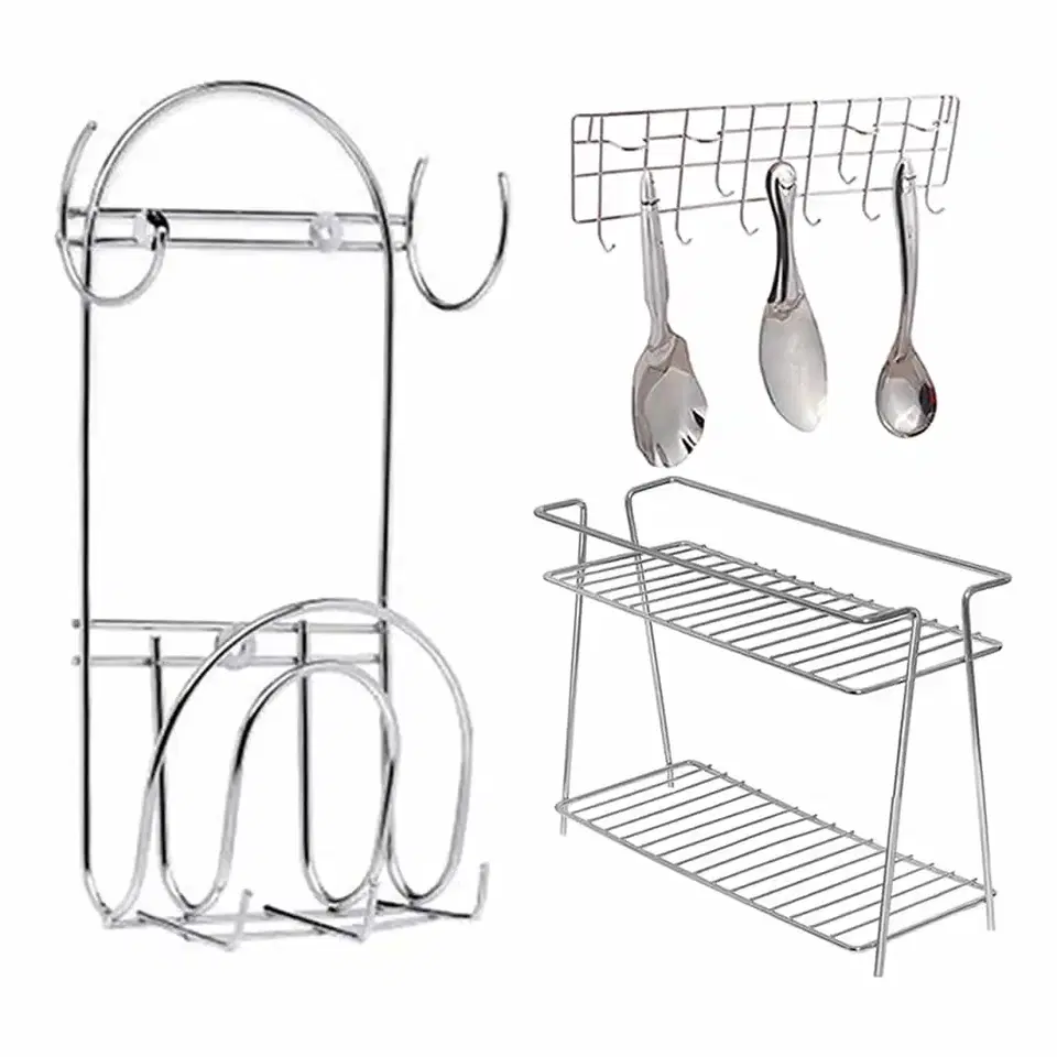 Oc9 Stainless Steel Spice Rack 2 Shelf & Chakla Belan Stand With Hook & Wall Mounted Ladle Hook Rail For Kitchen