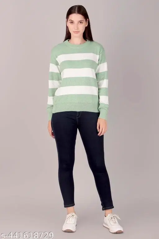 Acrylic Sweater for Women (Green & White, M)