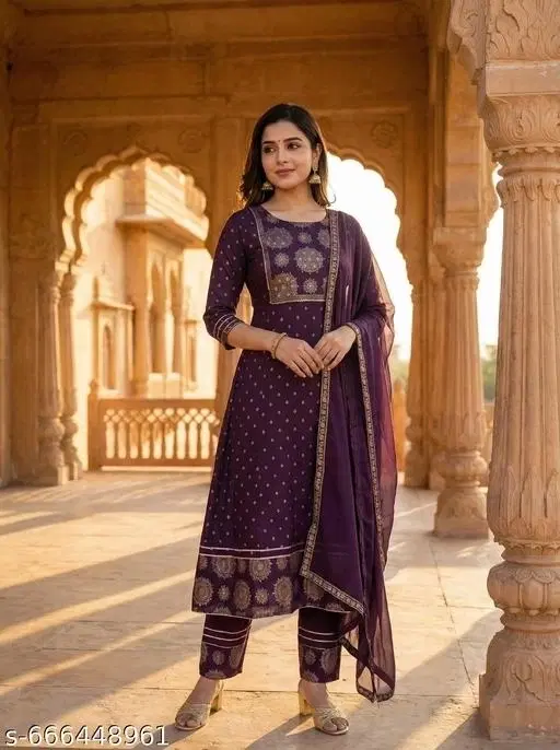 Rayon embroidered Kurta Set for Women ( Purple,S )