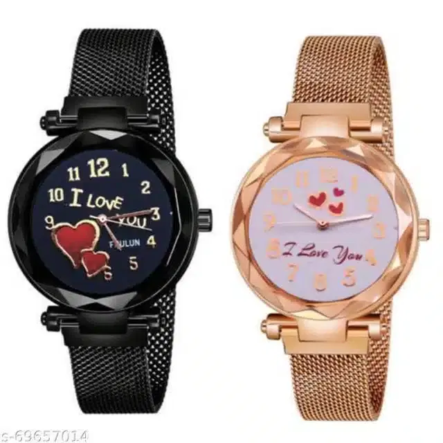 Analog Watch for Women, Set of 2 (Rose Gold & Black)