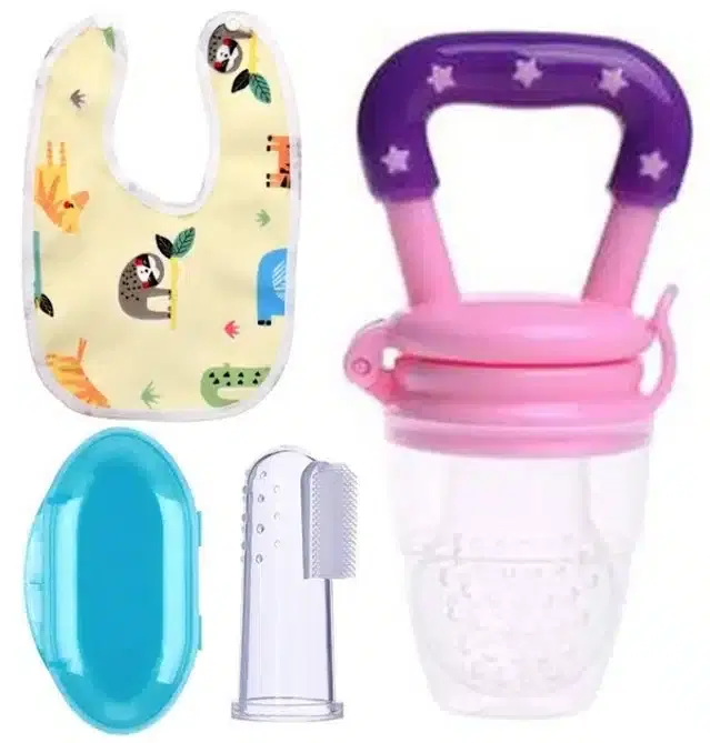 Silicone Fruit Feeder with Finger Brush & Bib for Kids, Multicolor, Set of 3
