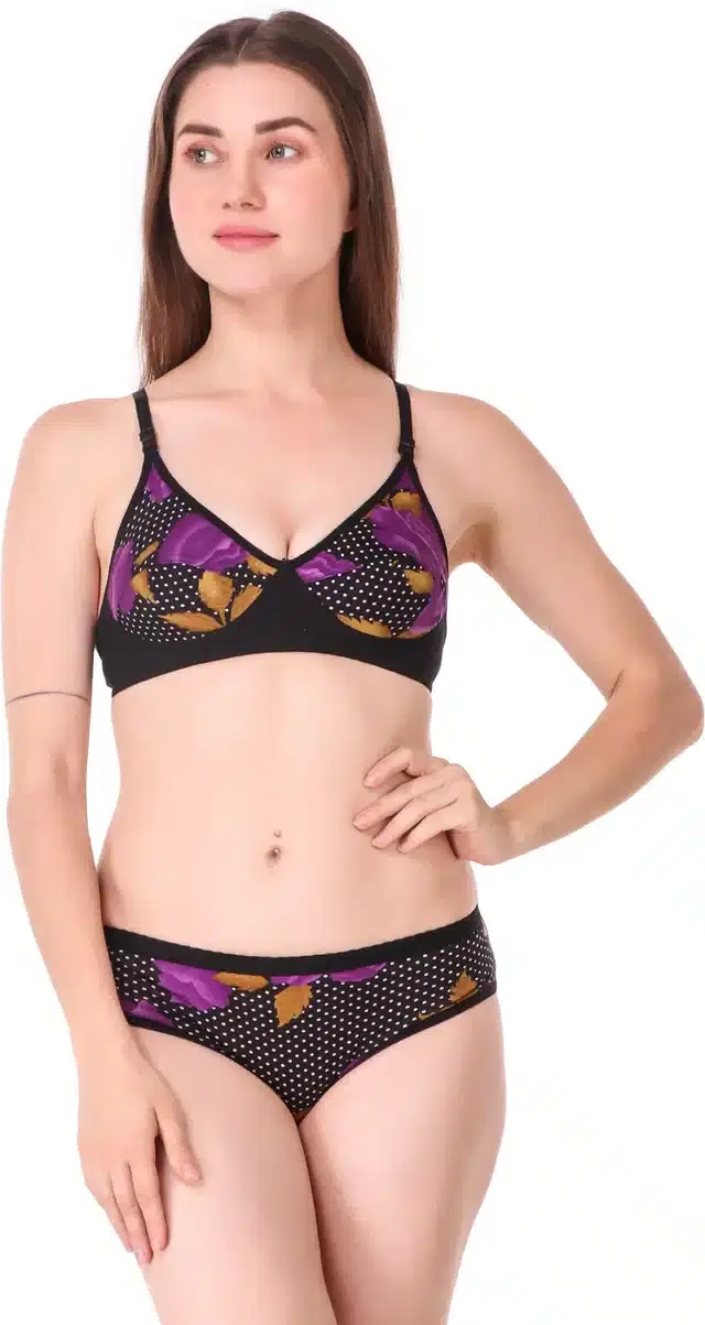 Cotton Blend Lingerie Set for Women (Purple, 32)