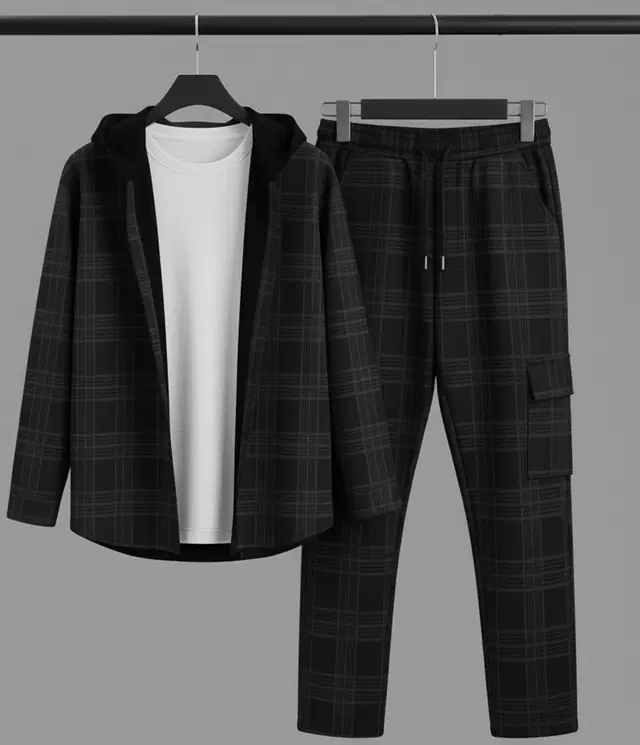 Check Printed Night Suit For Men  Black , (M)