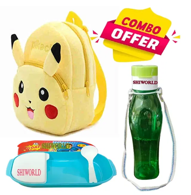 Combo of Fabric School Bag, Water Bottle with Lunch Box for Kids, Multicolor, Set of 3