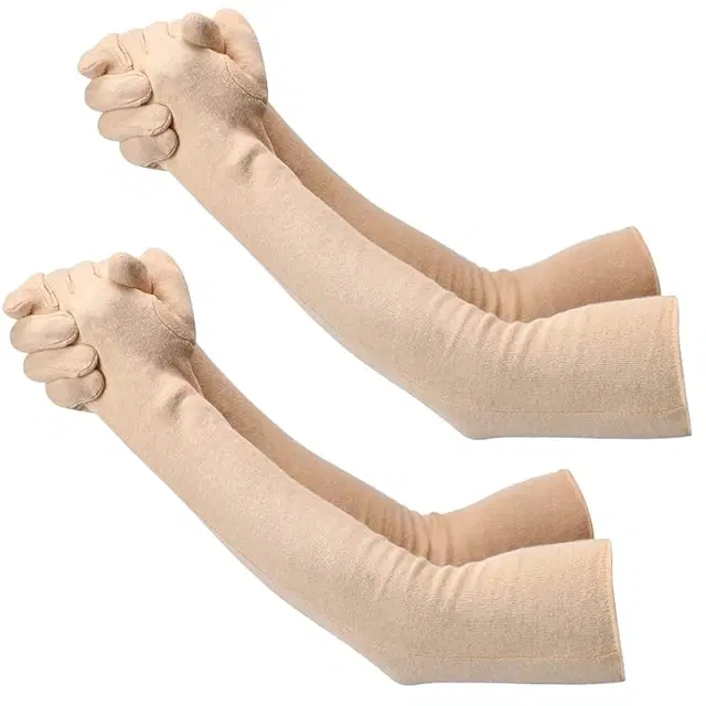 Cotton Solid Full Hand Gloves for Men & Women, Set of 2 (Beige)