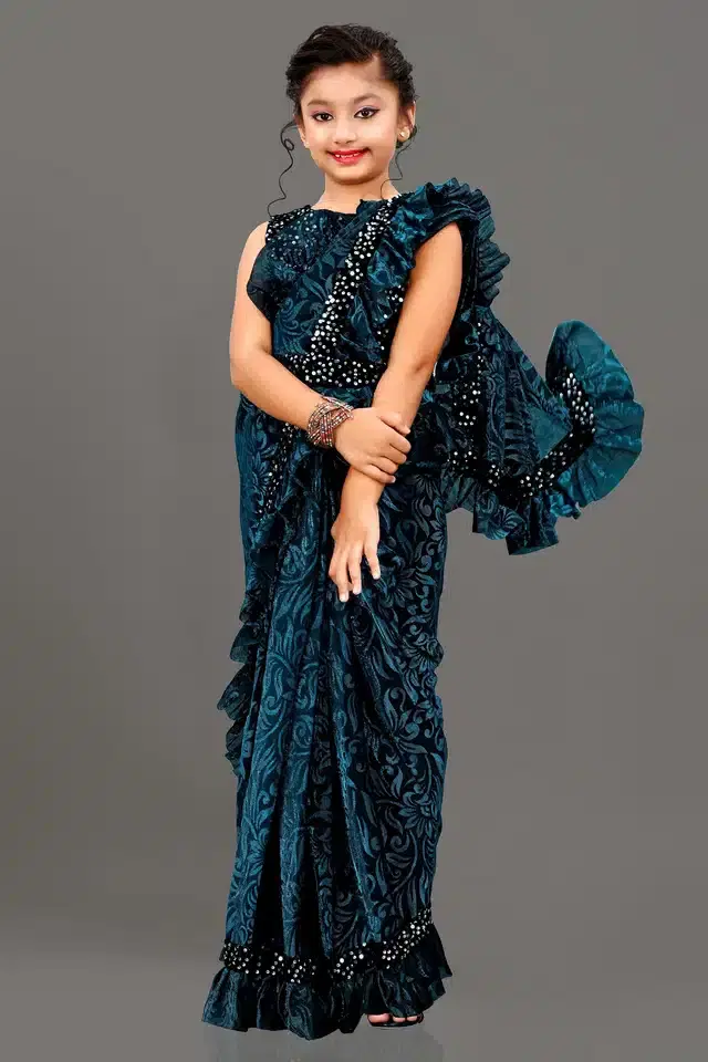 Saree with Unstitched Blouse for Girls (Teal, 3-4 Years)