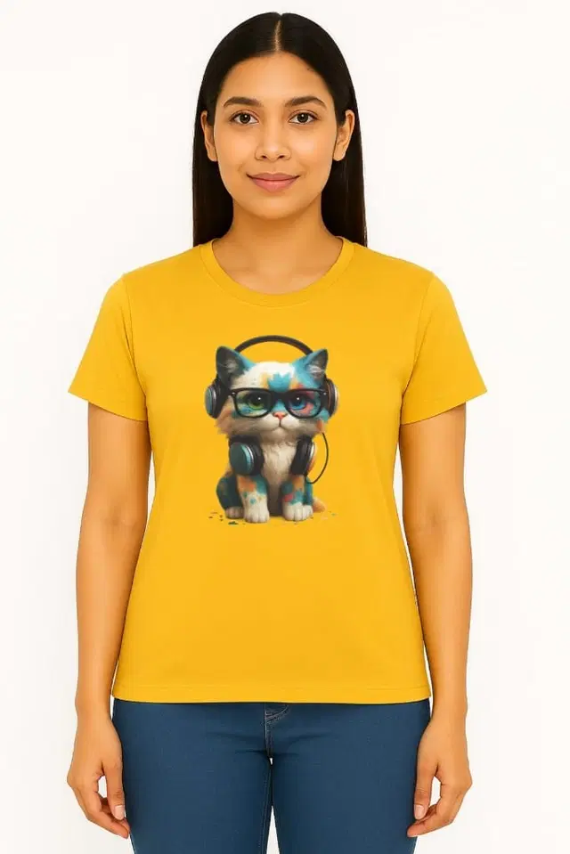 Cotton Blend Printed T-shirt for Women, Mustard (M)