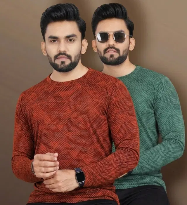 Printed Round Neck Polyester T-Shirts (Pack of 2) for Men (Orange, M)