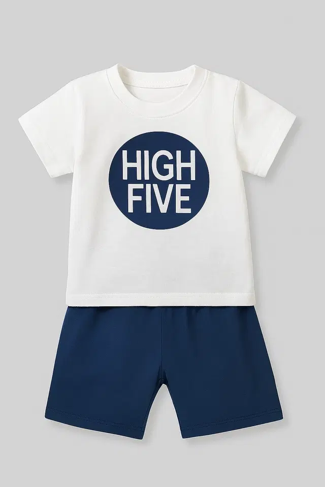 Cotton Blend Printed Clothing Set for Boys, White & Blue (3-4 Years)