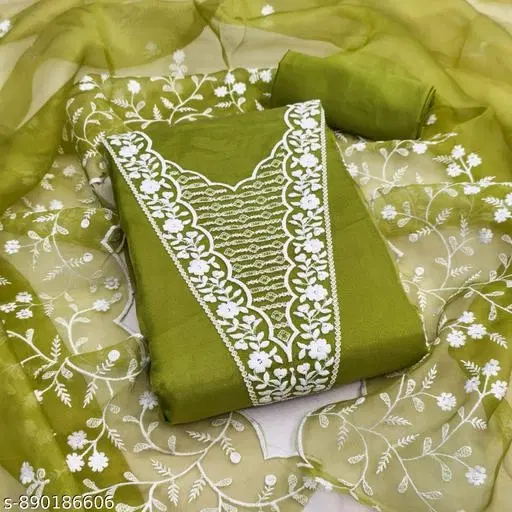 Organza Embroidered Green Patiala Suits for Women (Green, Un Stitched)