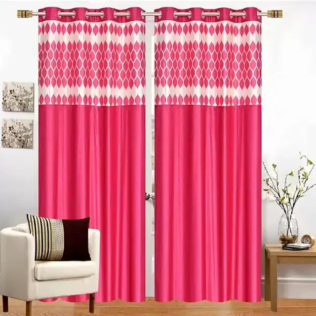 Polyester Patch Worked Window & Door Curtains, Pack of 2, Pink, 5 feet