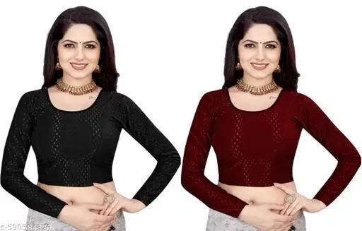 Lycra Ready Made Blouse for Women, Maroon & Black, Pack of 2 (36)