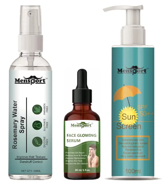 Mensport Rosemary Hair Spray, 100 ml with Face Glowing Serum, 30 ml & Sunscreen Cream, 100 ml, Set of 3
