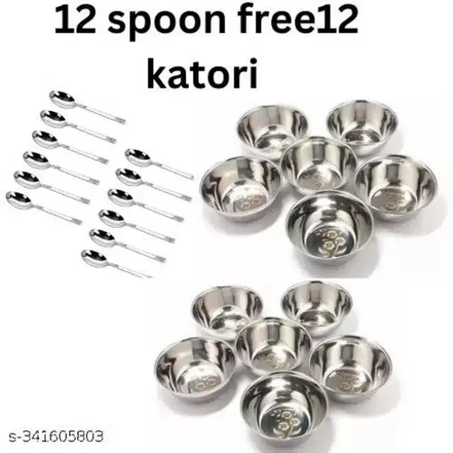 Stainless Steel 12 Pcs Bowls with 12 Pcs Spoon, Silver, Set of 2