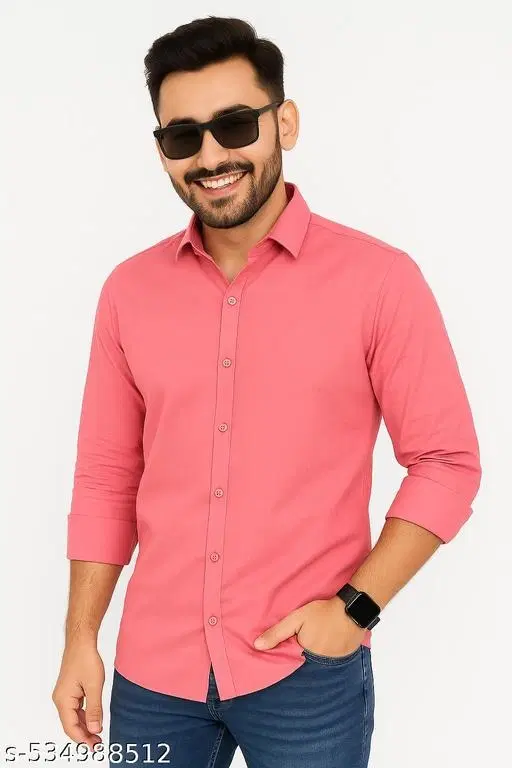 Cotton Blend Solid Shirts for Men, Pink (XL)