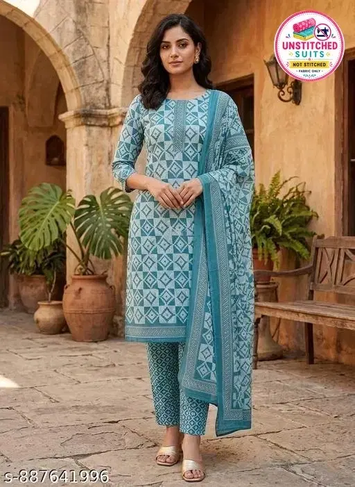 SIMPLYETHNIC Printed Salwar Suit Set for Women (Blue, L)