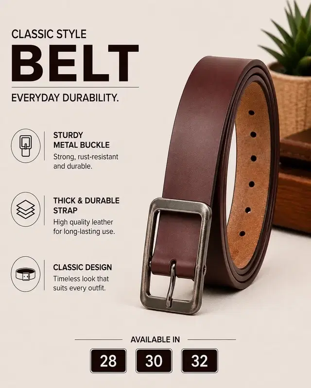 PU Solid Belt for Men ,Brown (Free Size)