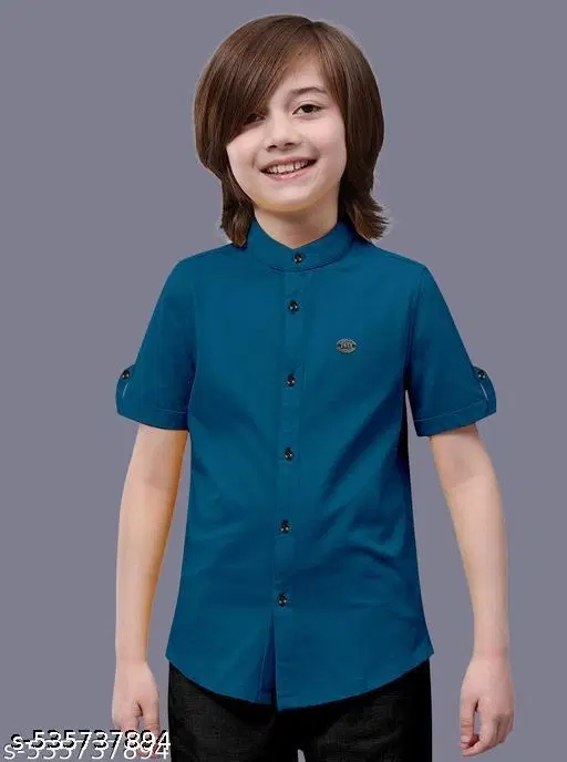 Solid Cotton Blend Mandarin Collar Short Sleeve Shirt for Boys (Blue, 2-3 Years)
