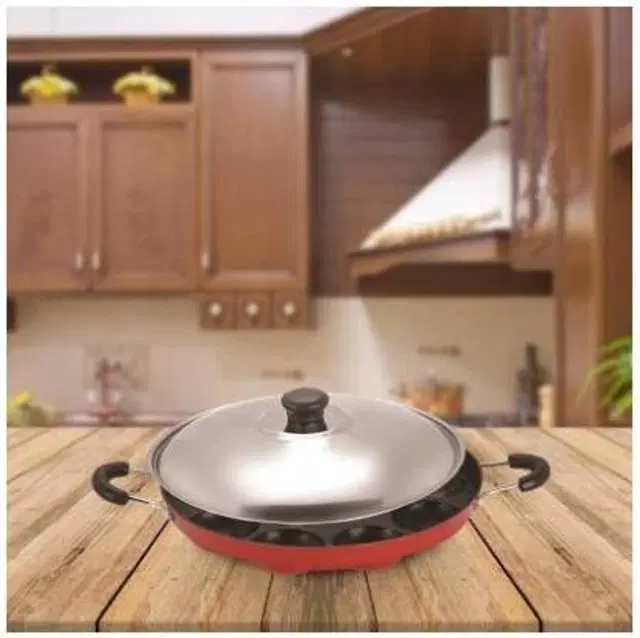 ZODEX 12 Cavities Non Stick Appam Patra with Lid and Side Handle, Multicolor, 21 cm