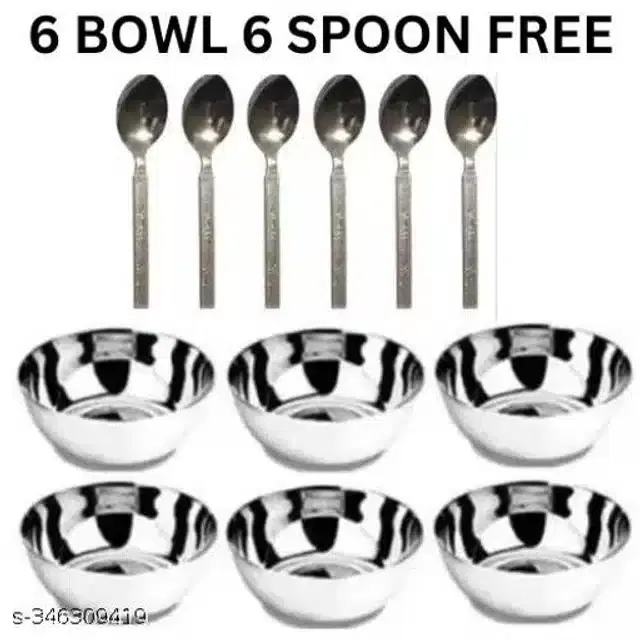 Stainless Steel 6 Pcs Bowls with 6 Pcs Spoon, Silver, Set of 2