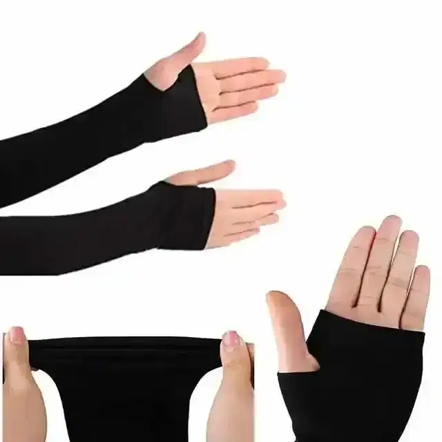 Dust Sunburn Protection Arm Sleeves with Thumb Hole (Black, Free Size)