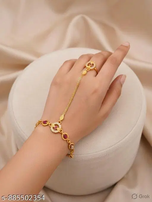 Bracelet with Ring for Women (Gold, Free Size)