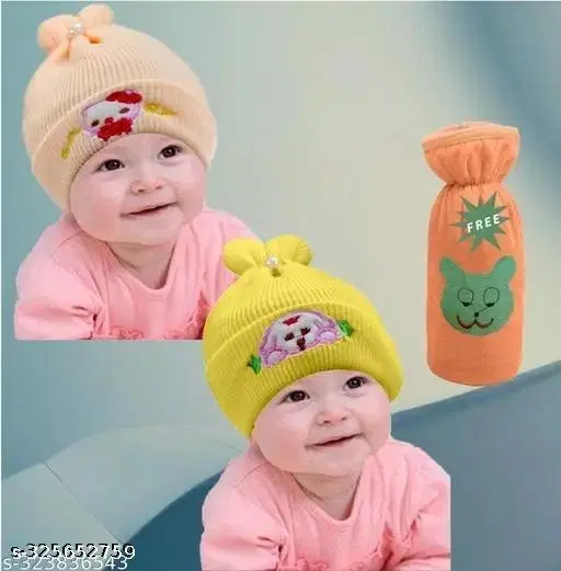 Solid Cap with Bottle Cover for Baby, Set of 3 (2 Pcs) (Multicolor)