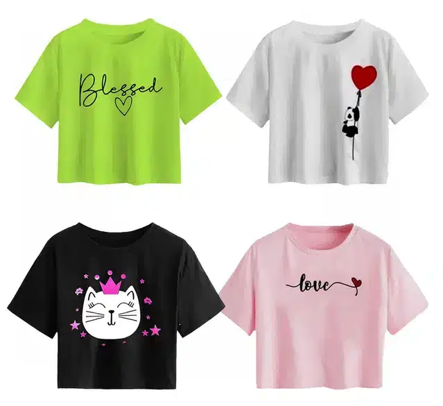 Cotton Printed Crop Tops for Girls, Pack of 4 (Multicolor, 11-12 Years)