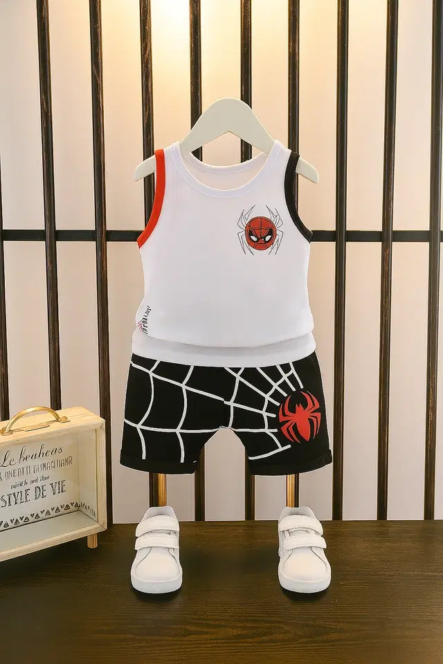 Cotton Printed Clothing Set for Boys, White & Black (0-6 Months)