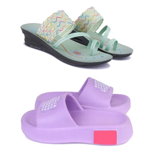 Combo of Sandals & Sliders for Women, Pack of 2 (Mint Green & Purple, 5)