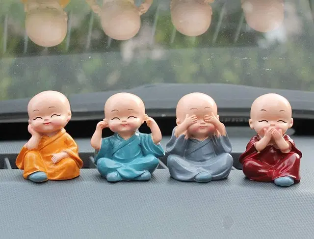 4 Pcs Marble Adorable Monks Showpiece for Car Dashboard, Multicolor, Set of 1