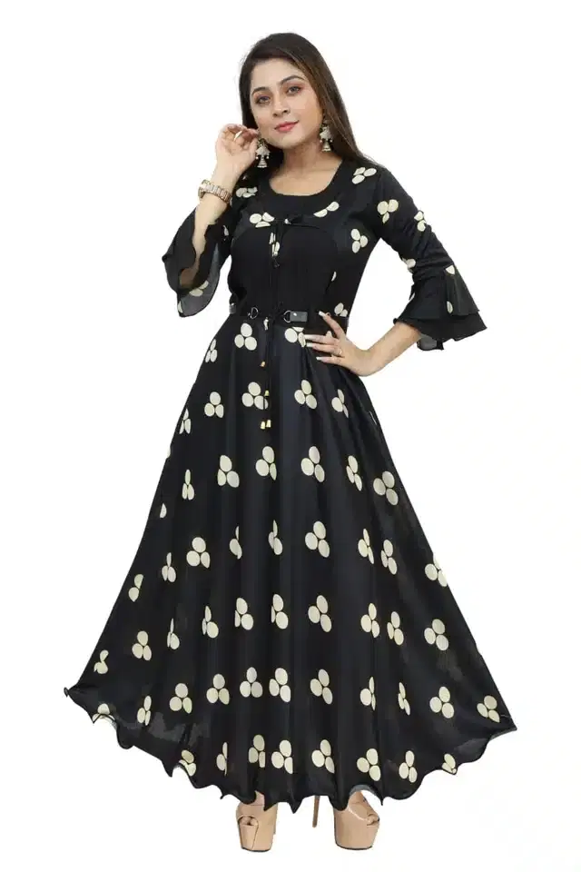 Three Quarter Sleeves Gown for Girls (Black, 11-12 Years)