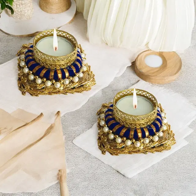 Metal Designer Tealight Candle Holder, Blue, 9.5x9.5x4 cm, Pack of 2