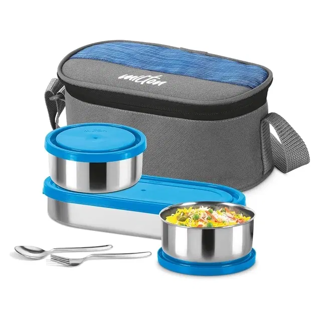 Milton Master Lunch Box With Insulated Fabric Jacket, 3 Containers (1 Oval Stainless Steel 450 ml, 2 Stainless Steel 280 ml Each Spoon & Fork), Leak-Proof Tiffin For Office, School, College, Blue
