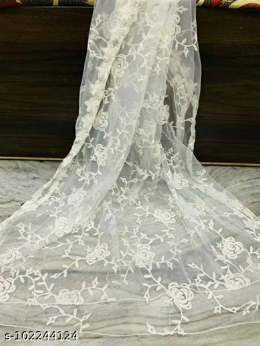 Embroidered Jaipuri Net with Aari Work Sewing & Embroidery (White, Free Size)