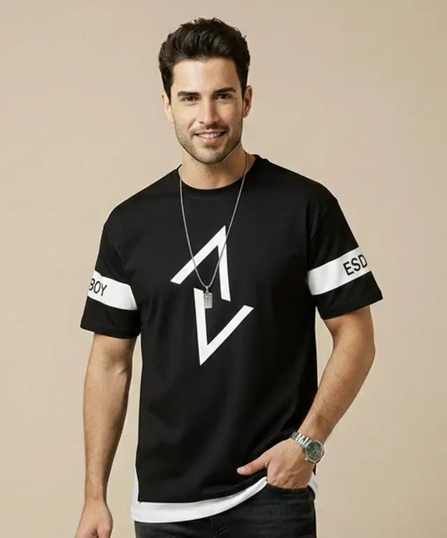 Polyester Printed T-shirt for Men, Black (XL)