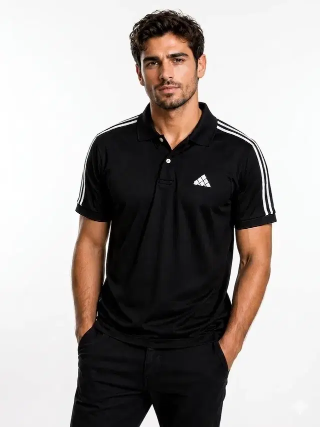 Striped Polo Neck T-Shirt for Men, Black (L)
